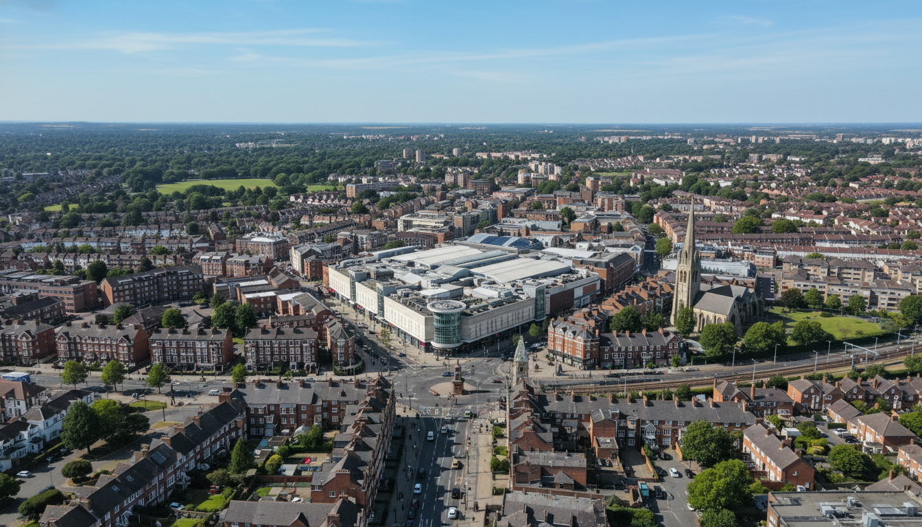 Hounslow, UK - aerial view showing the town center and local architecture