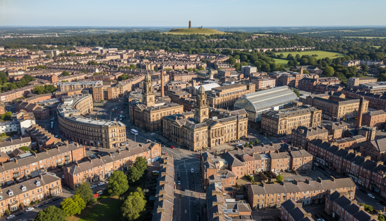 Huddersfield, UK - aerial view showing the town center and local architecture