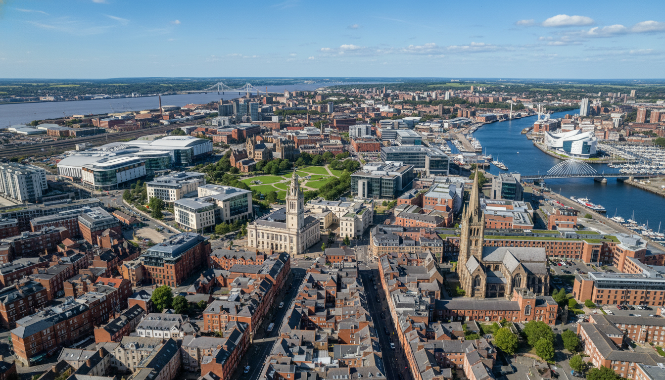 Hull, UK - aerial view showing the town center and local architecture