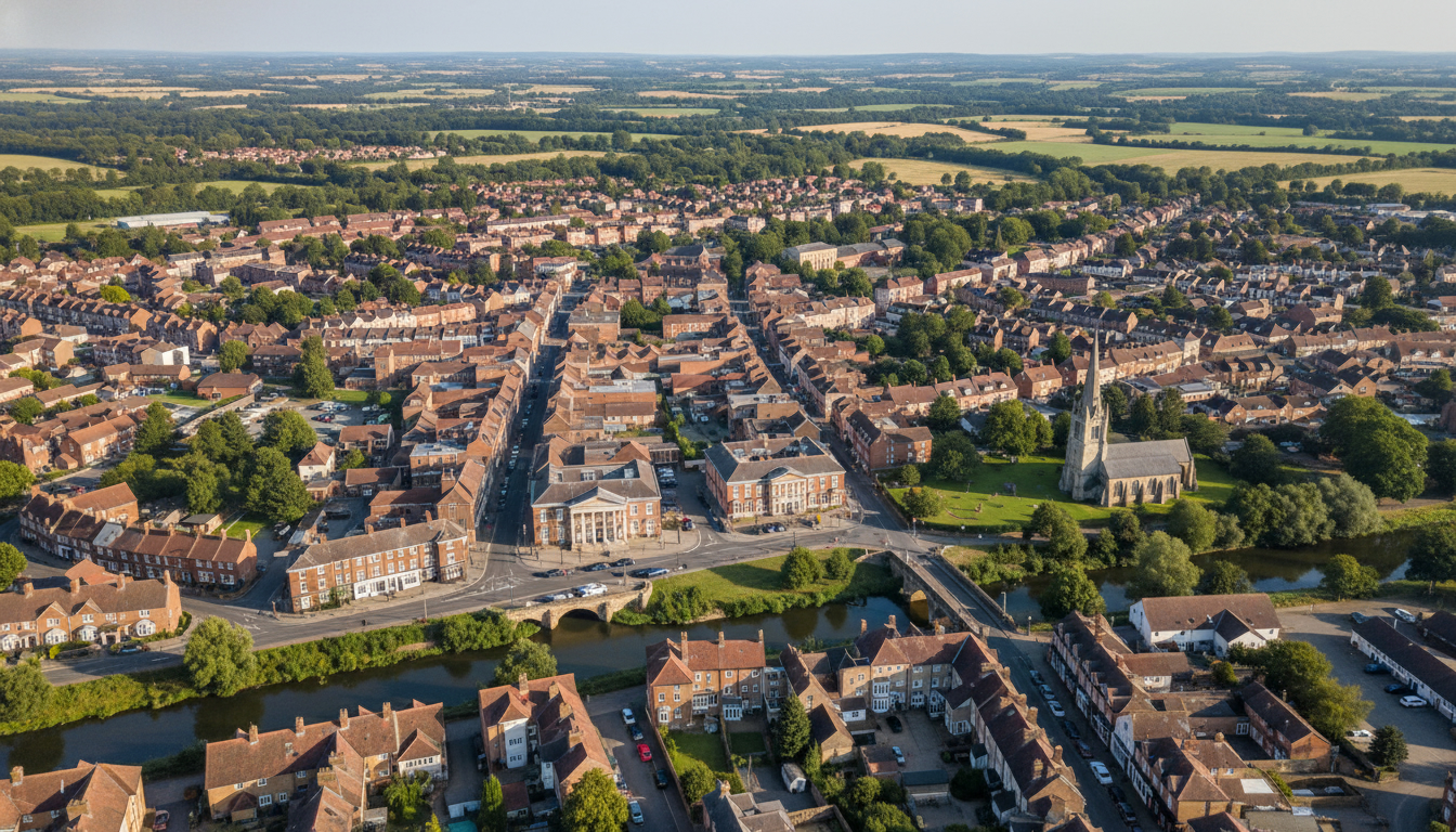 Hungerford, UK - aerial view showing the town center and local architecture