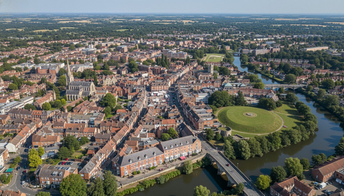 Huntingdon, UK - aerial view showing the town center and local architecture