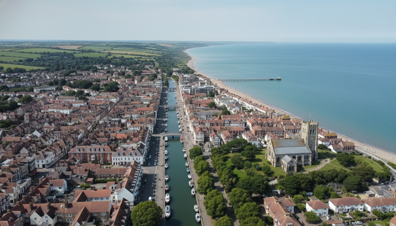 Hythe, UK - aerial view showing the town center and local architecture