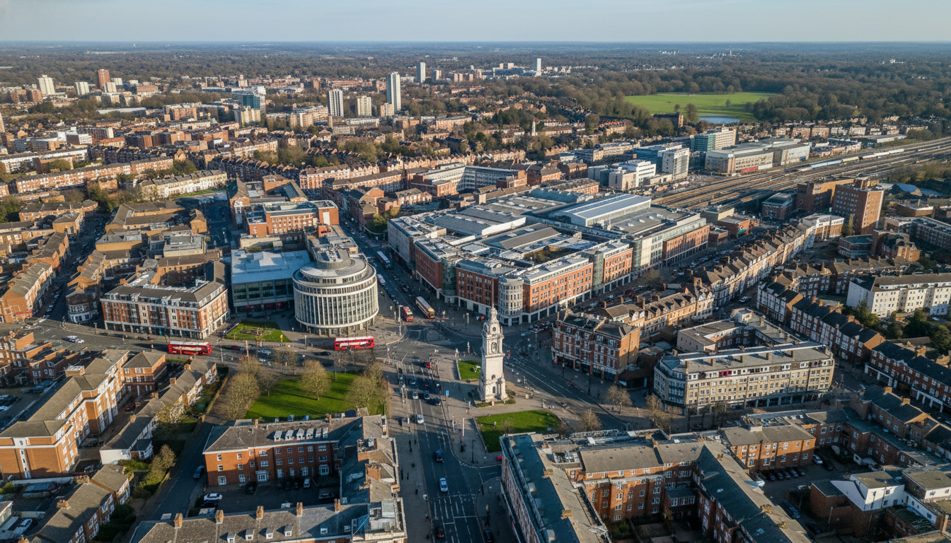 Ilford, UK - aerial view showing the town center and local architecture
