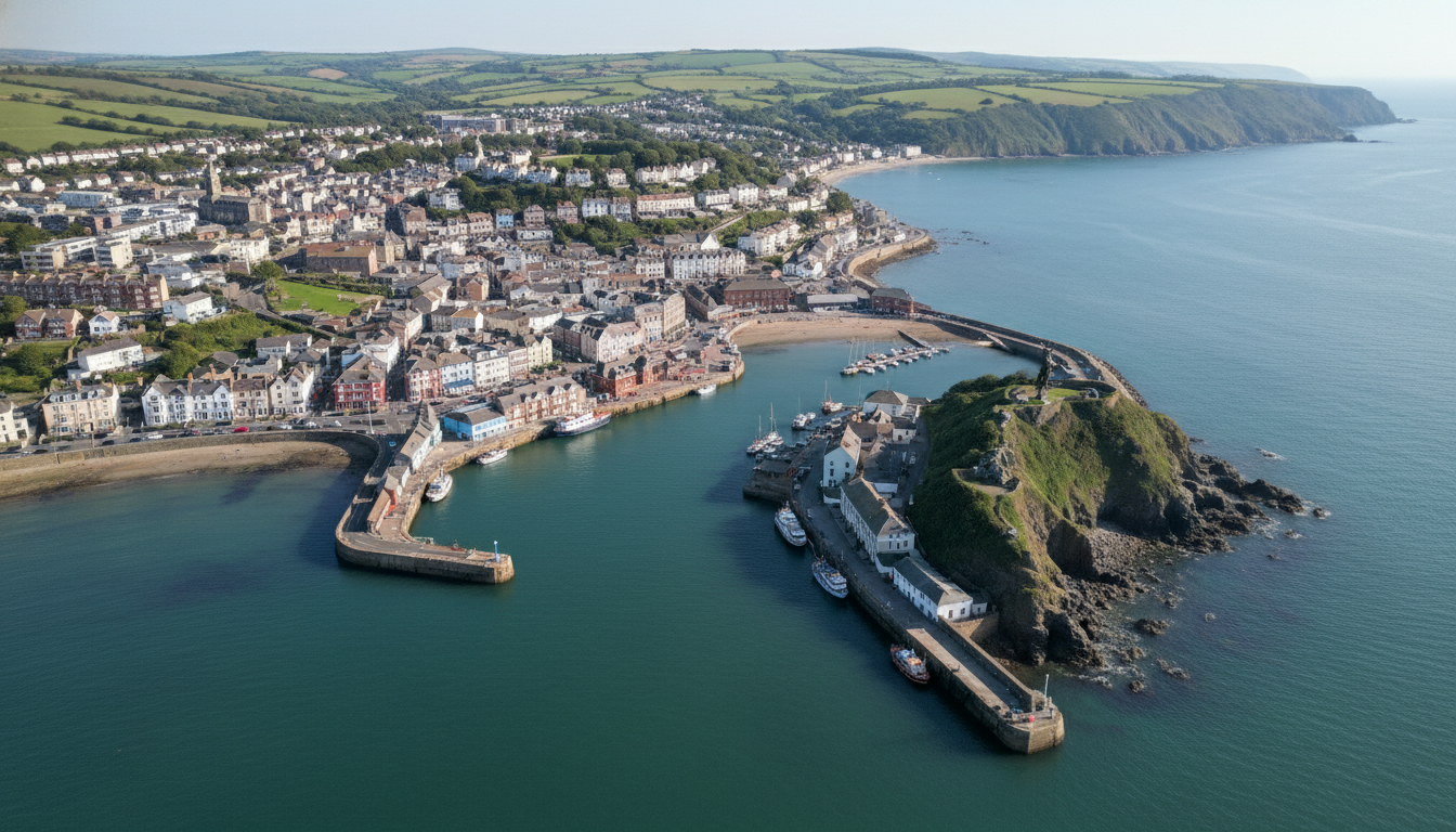 Ilfracombe, UK - aerial view showing the town center and local architecture