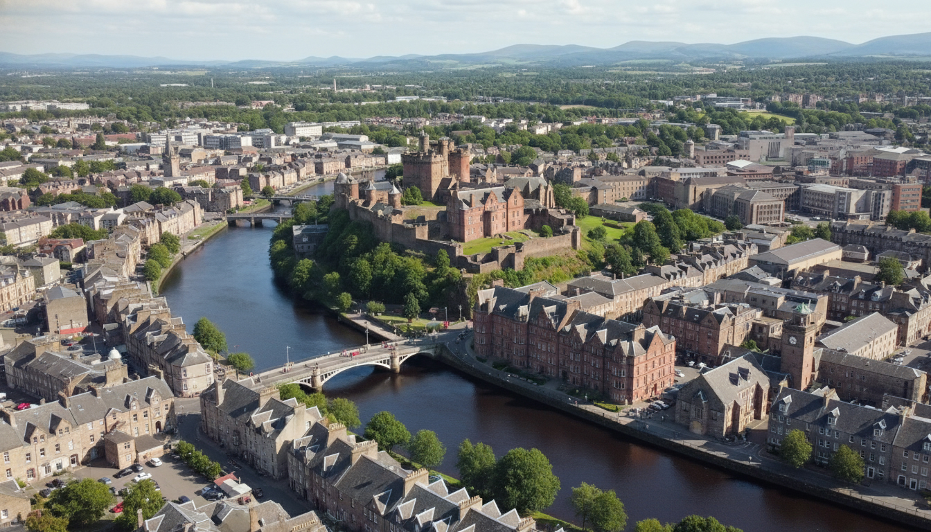 Inverness, UK - aerial view showing the town center and local architecture