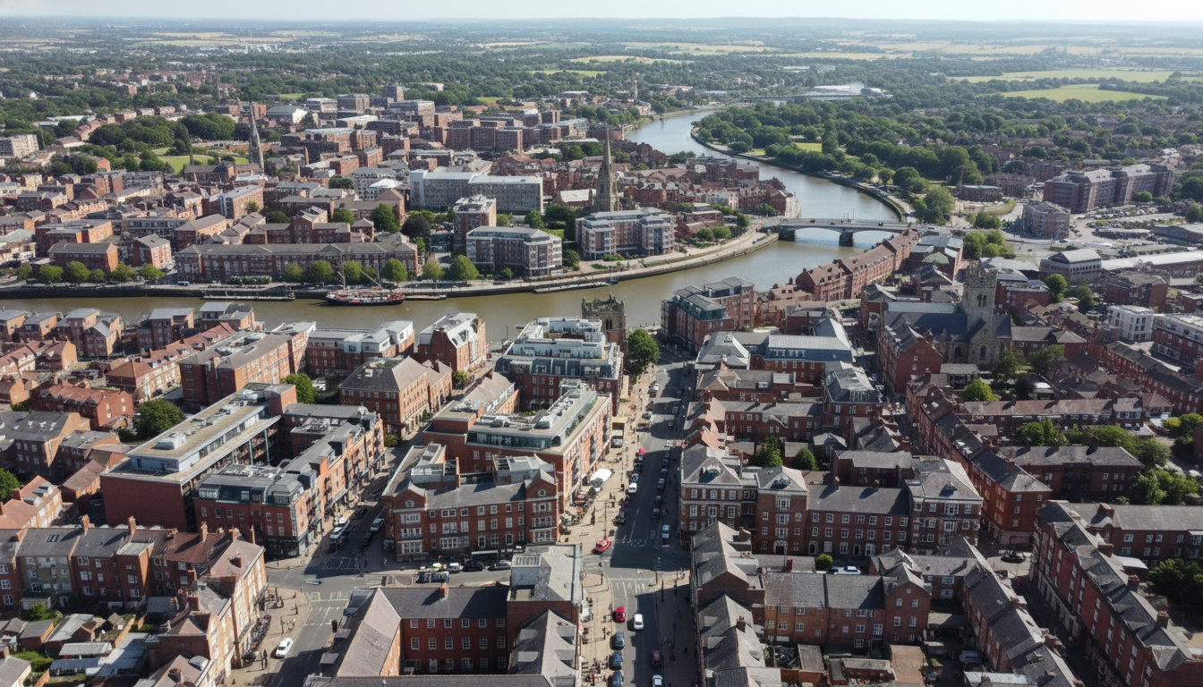 Ipswich, UK - aerial view showing the town center and local architecture