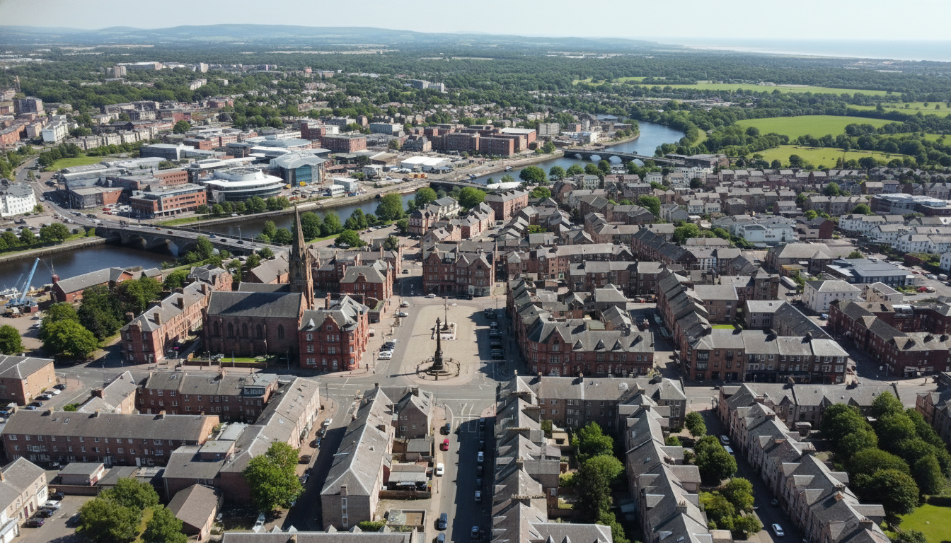 Irvine, UK - aerial view showing the town center and local architecture