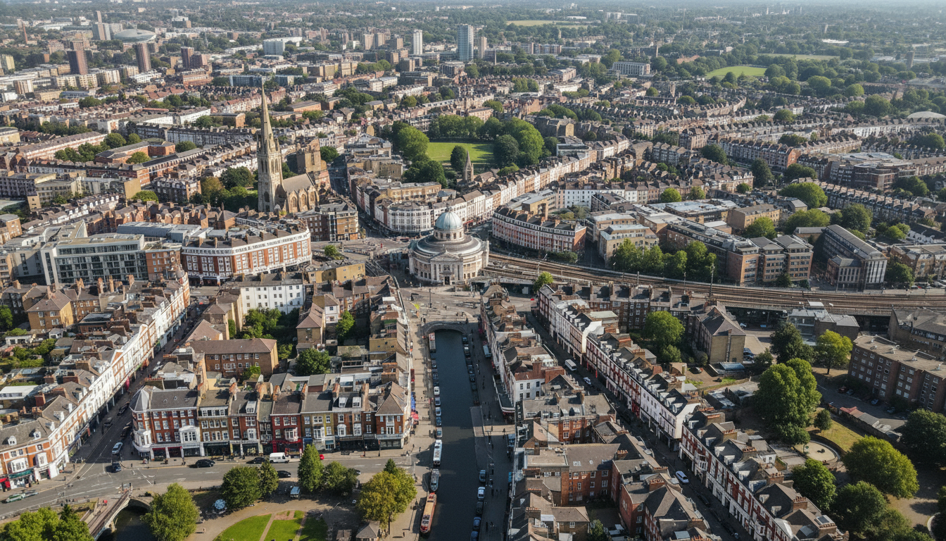 Islington, UK - aerial view showing the town center and local architecture
