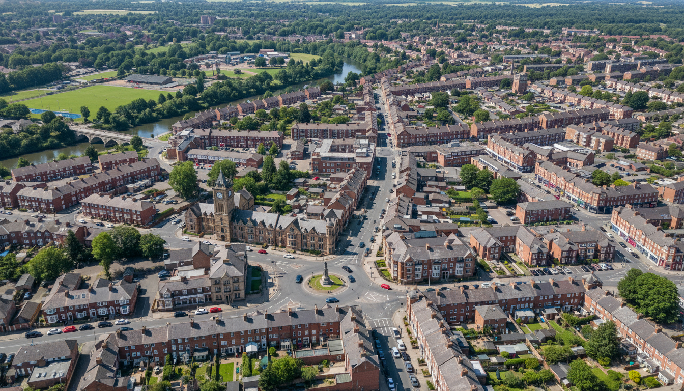 Kempston, UK - aerial view showing the town center and local architecture