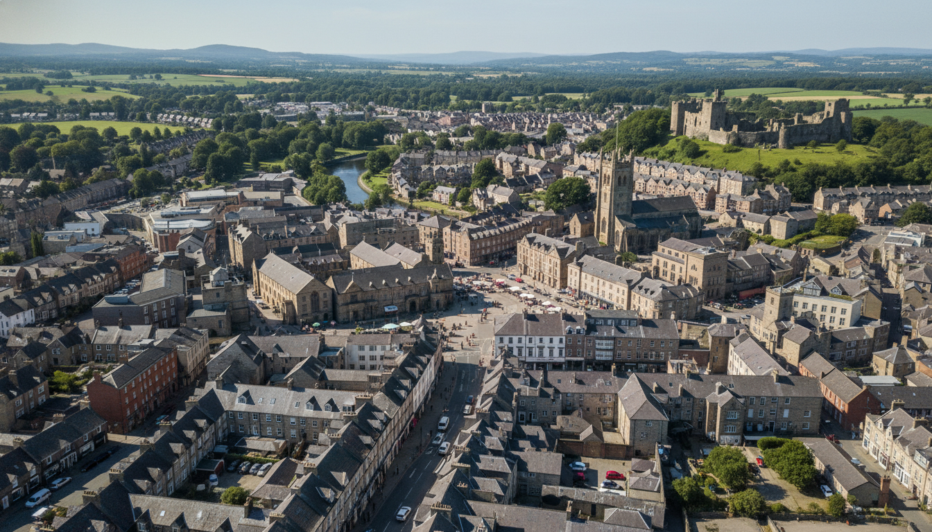 Kendal, UK - aerial view showing the town center and local architecture