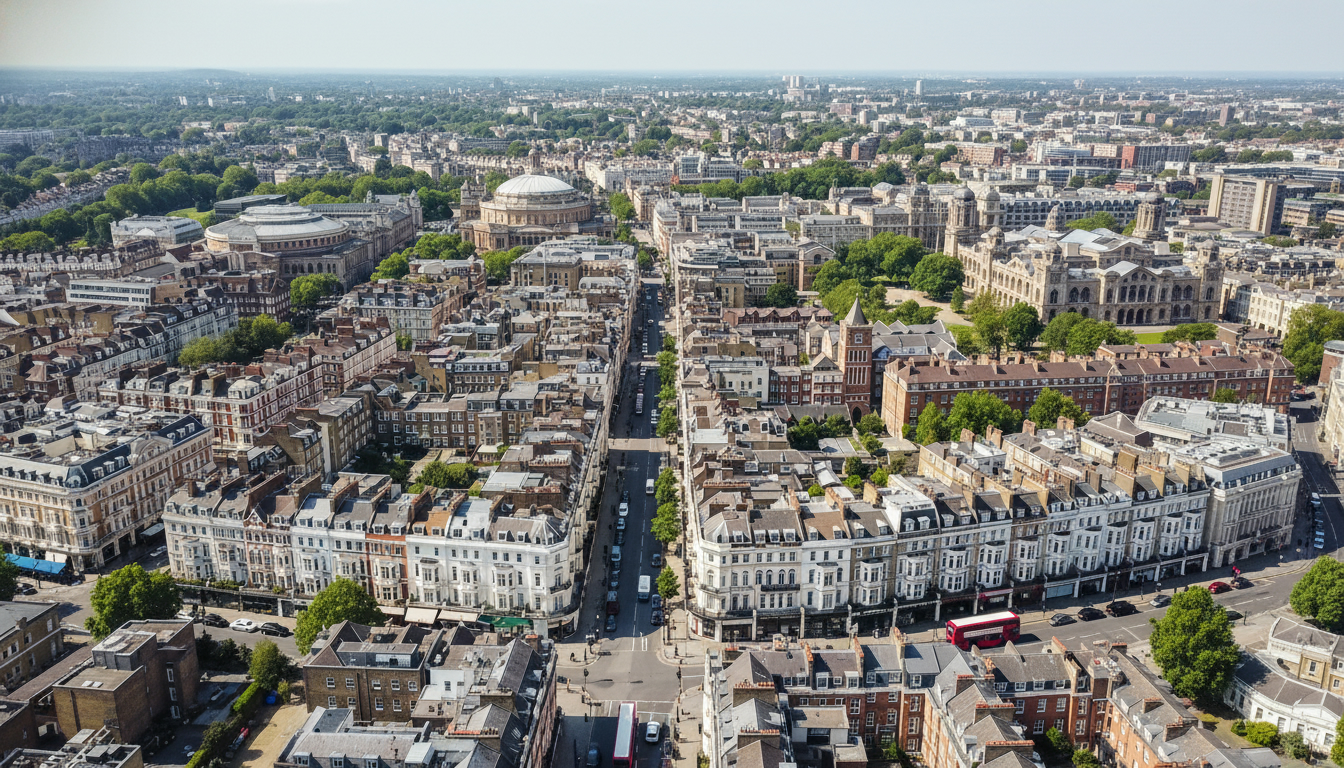 Kensington and Chelsea, UK - aerial view showing the town center and local architecture