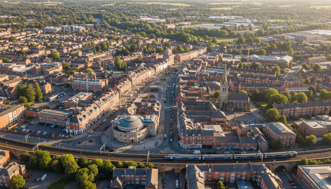 Kettering, UK - aerial view showing the town center and local architecture
