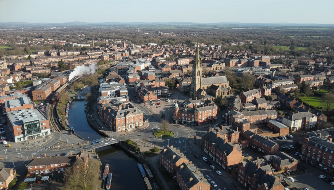 Kidderminster, UK - aerial view showing the town center and local architecture
