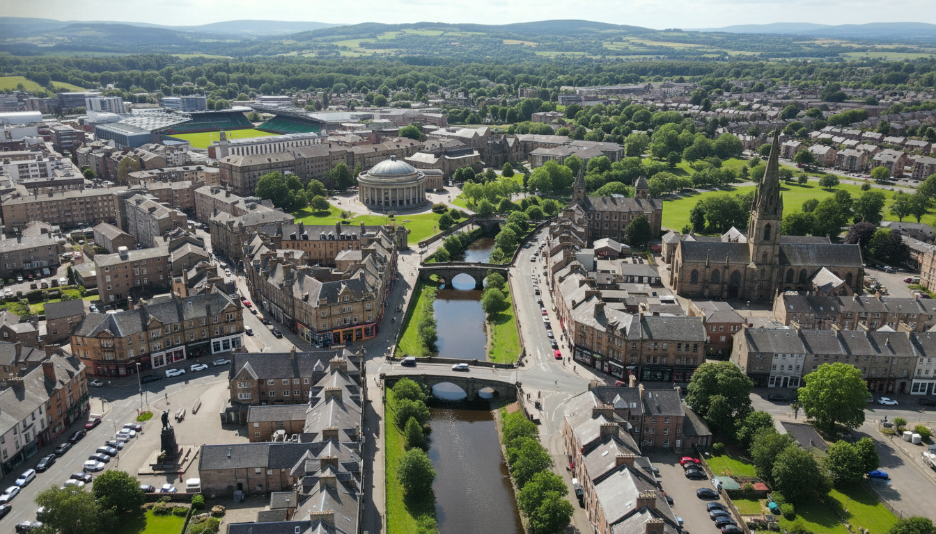 Kilmarnock, UK - aerial view showing the town center and local architecture