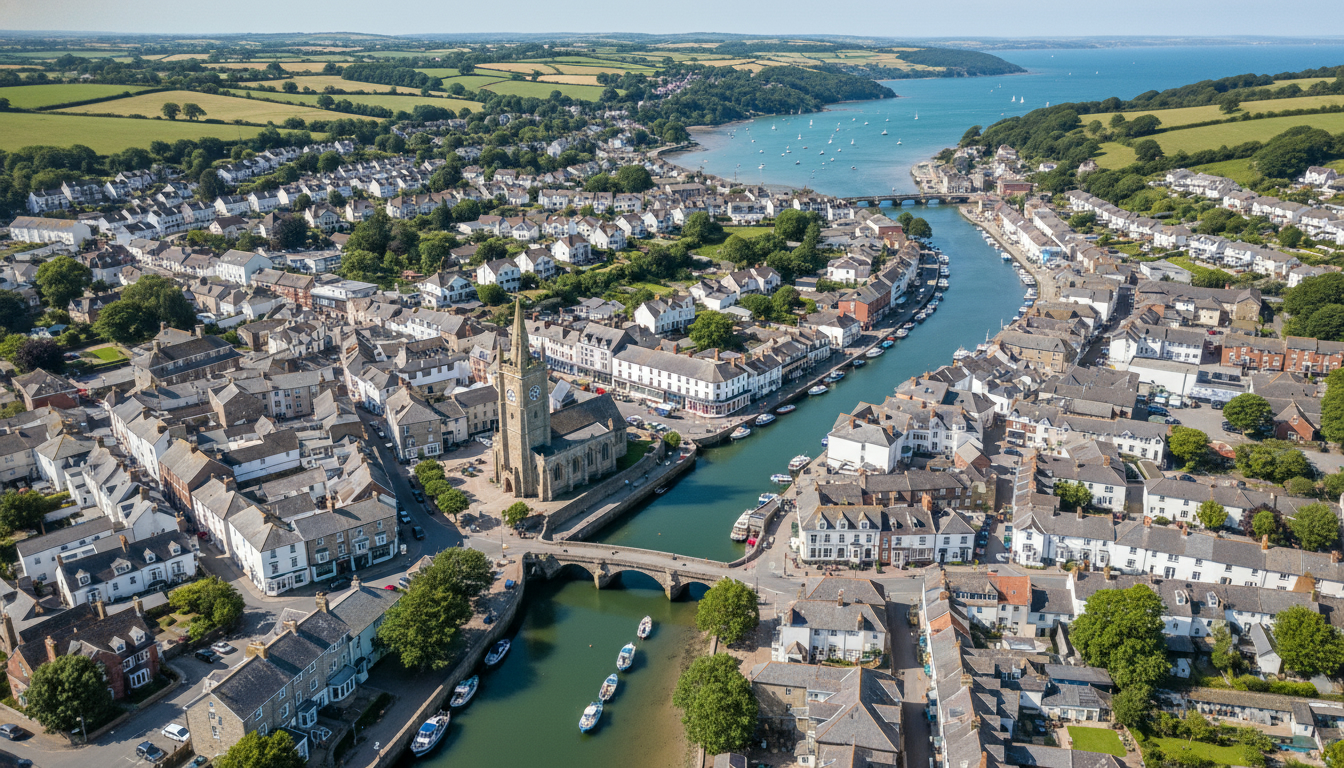 Kingsbridge, UK - aerial view showing the town center and local architecture