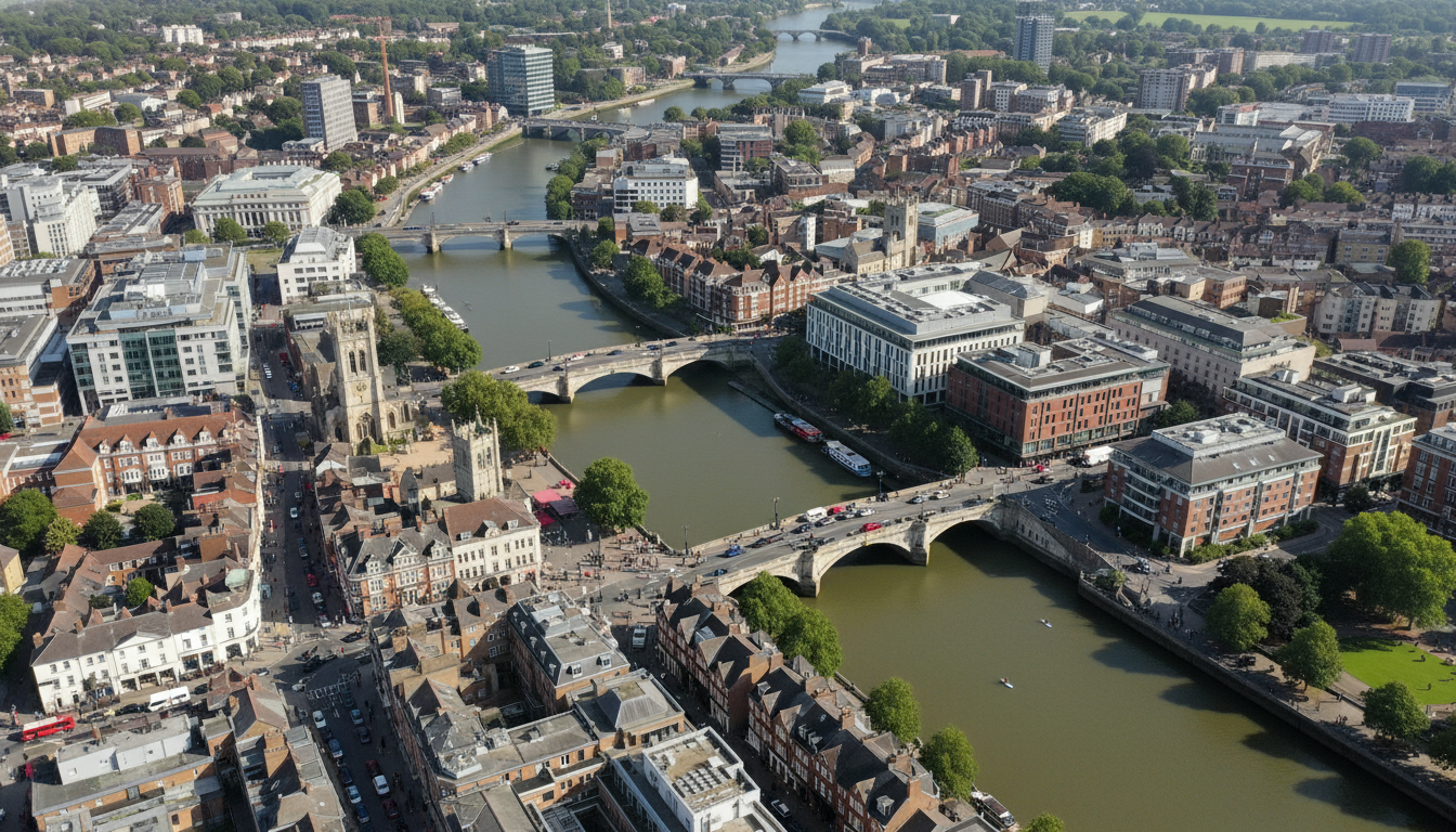 Kingston upon Thames, UK - aerial view showing the town center and local architecture