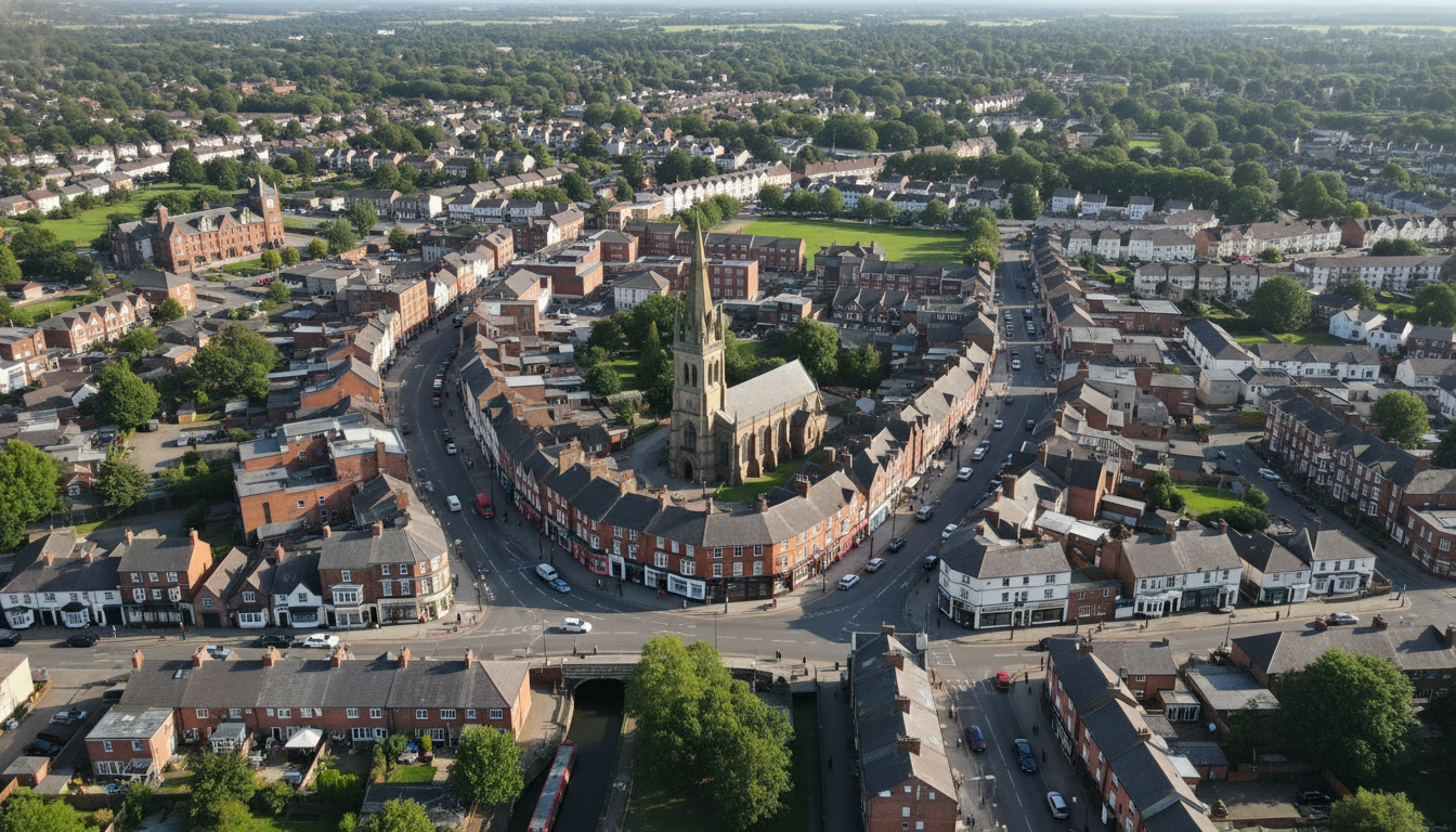 Kingswinford, UK - aerial view showing the town center and local architecture
