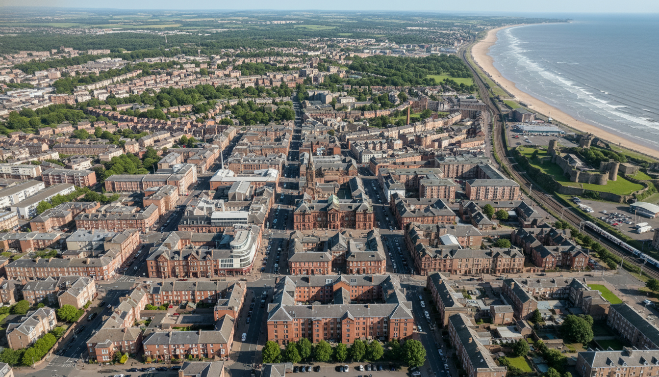 Kirkcaldy, UK - aerial view showing the town center and local architecture