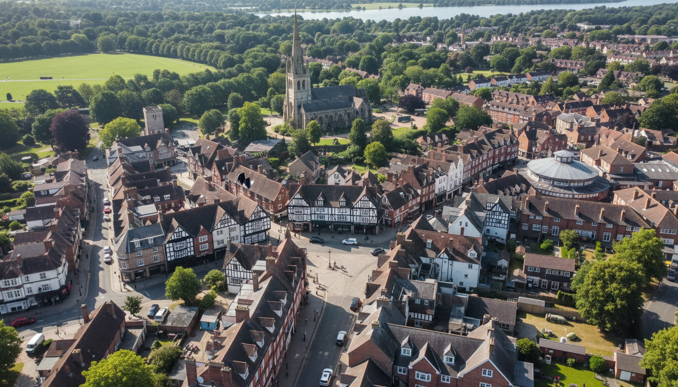 Knutsford, UK - aerial view showing the town center and local architecture