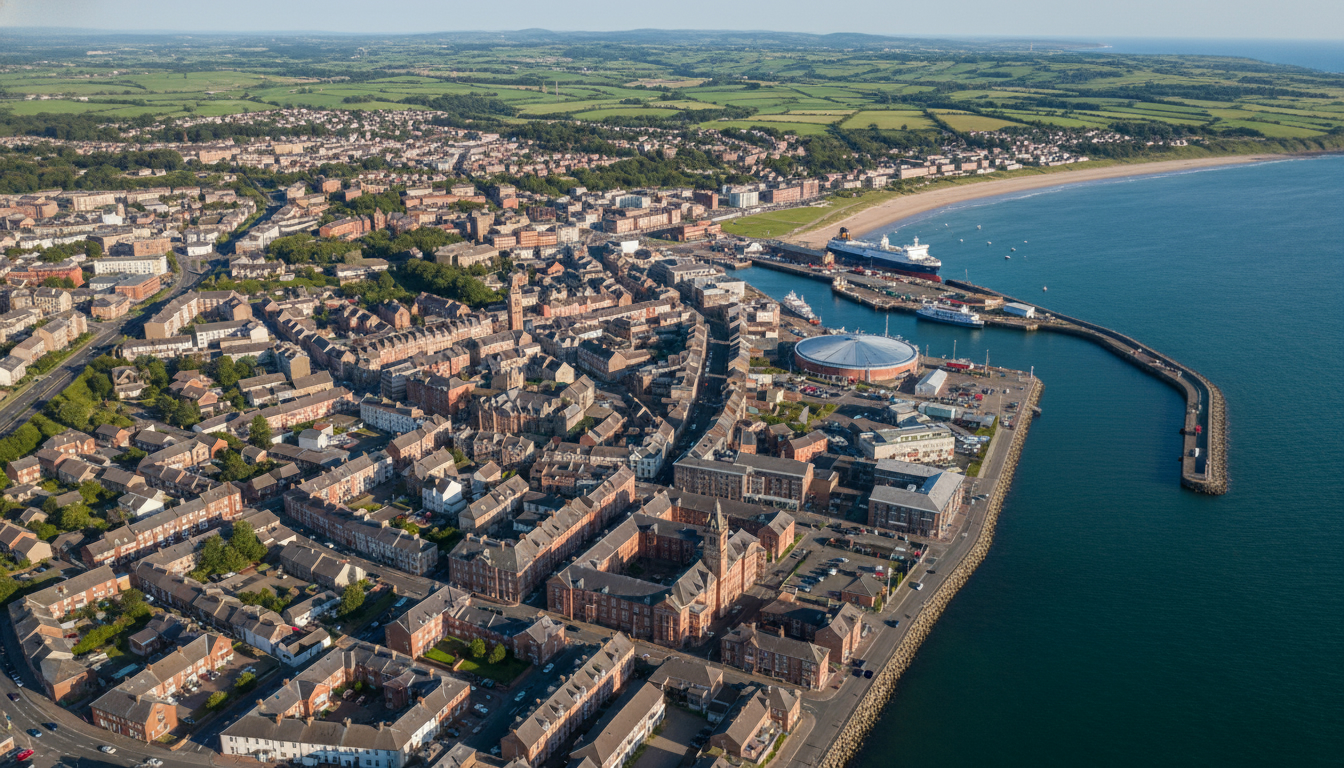 Larne, UK - aerial view showing the town center and local architecture