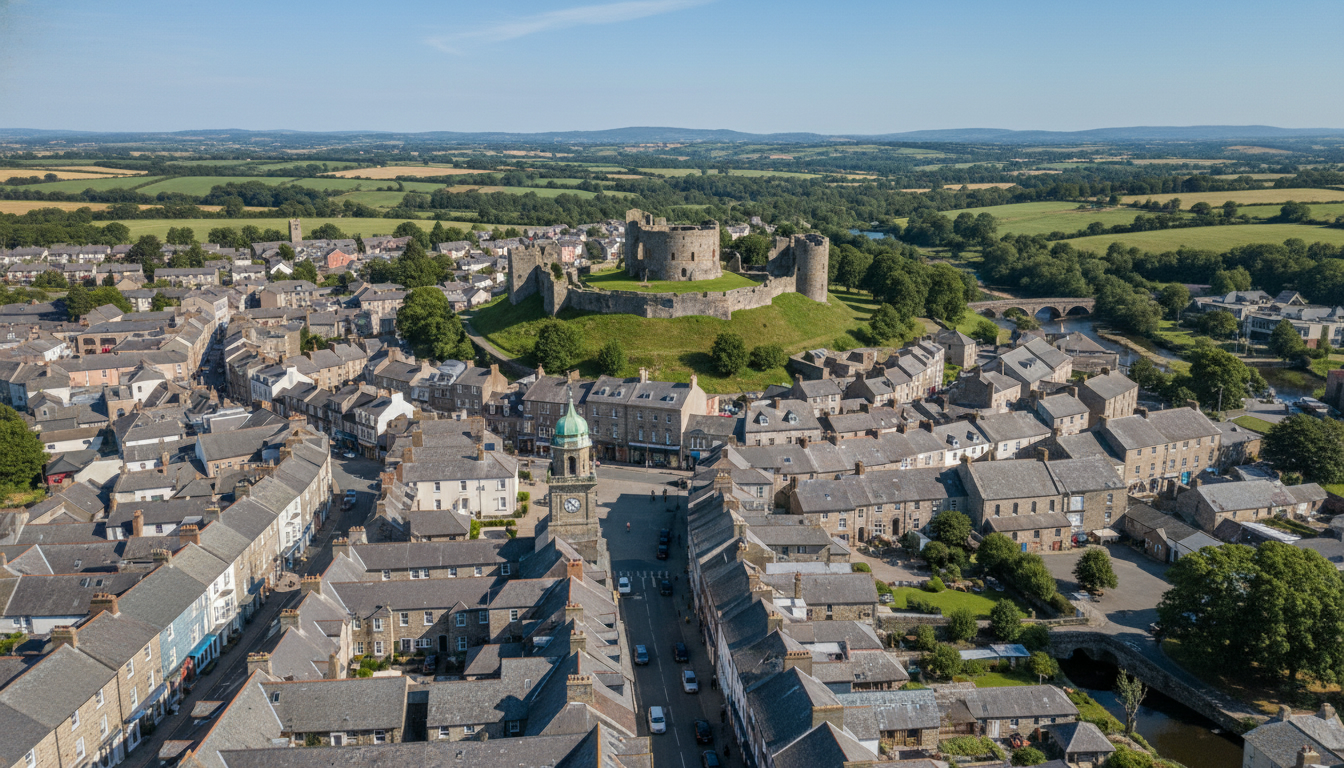 Launceston, UK - aerial view showing the town center and local architecture