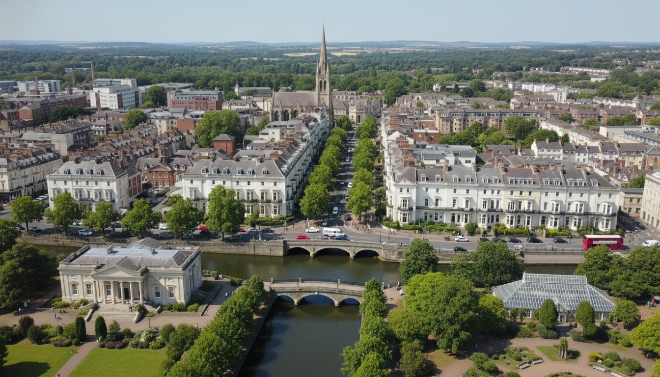 Leamington Spa, UK - aerial view showing the town center and local architecture