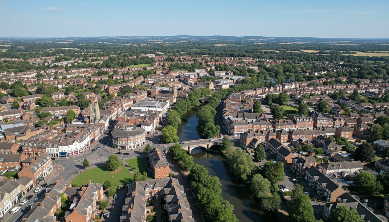 Leatherhead, UK - aerial view showing the town center and local architecture