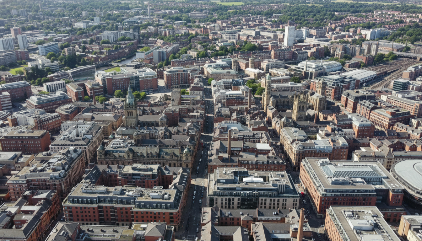 Leeds, UK - aerial view showing the town center and local architecture