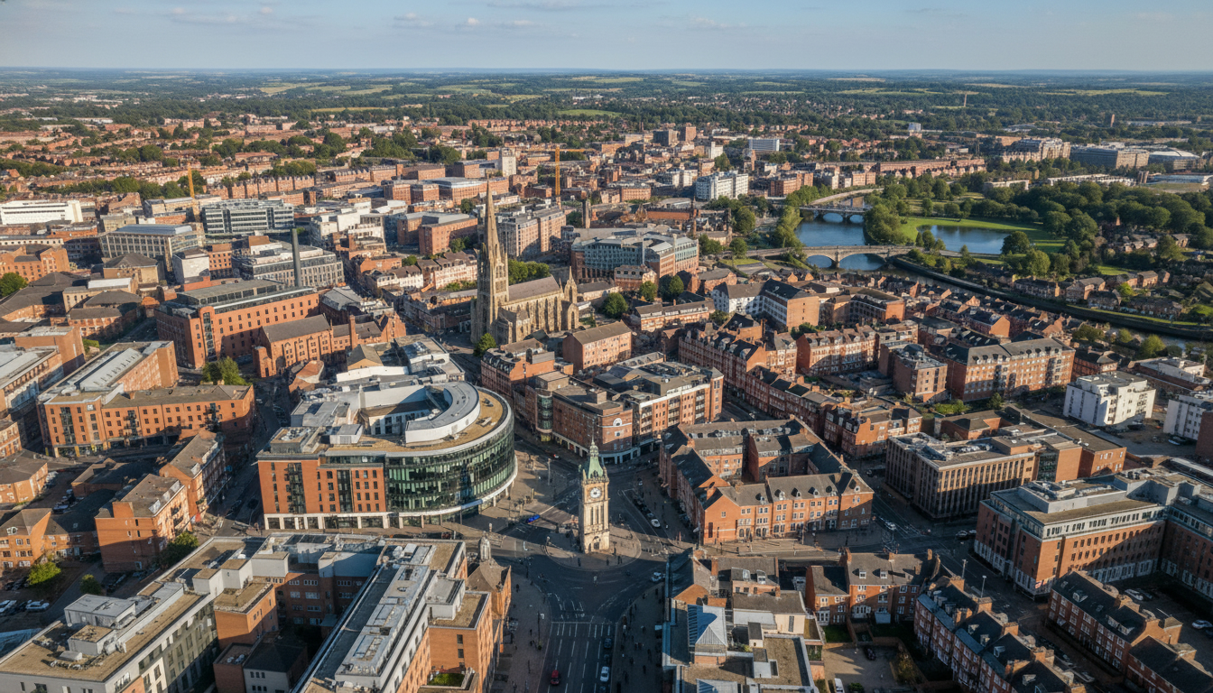 Leicester, UK - aerial view showing the town center and local architecture