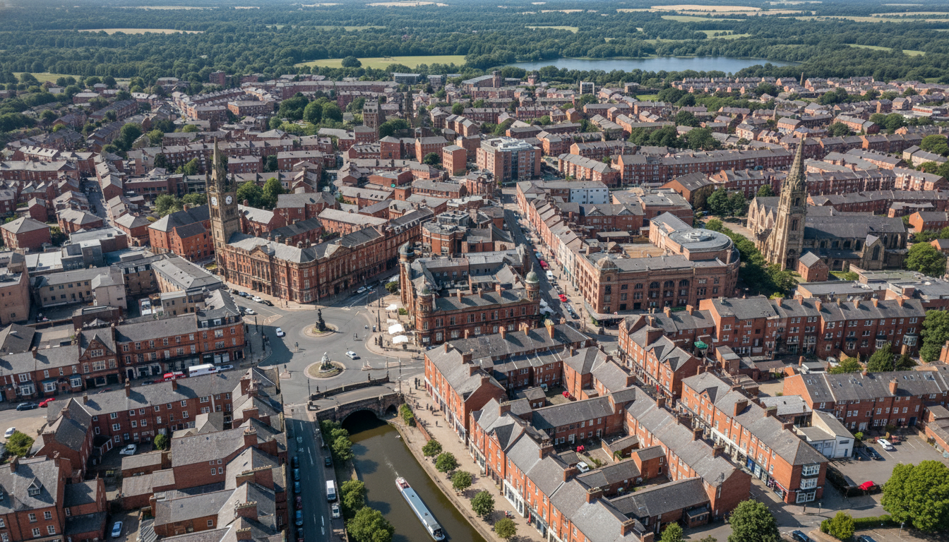 Leigh, UK - aerial view showing the town center and local architecture