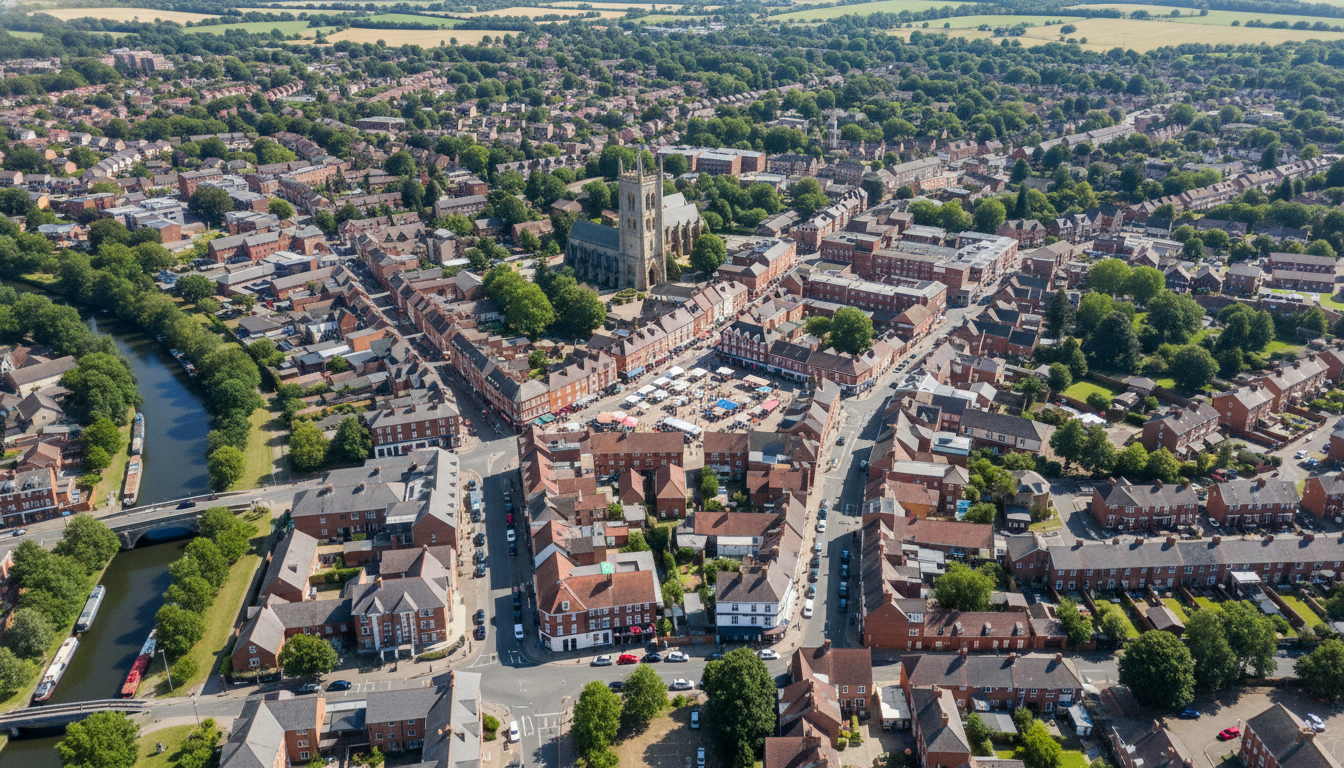Leighton Buzzard, UK - aerial view showing the town center and local architecture