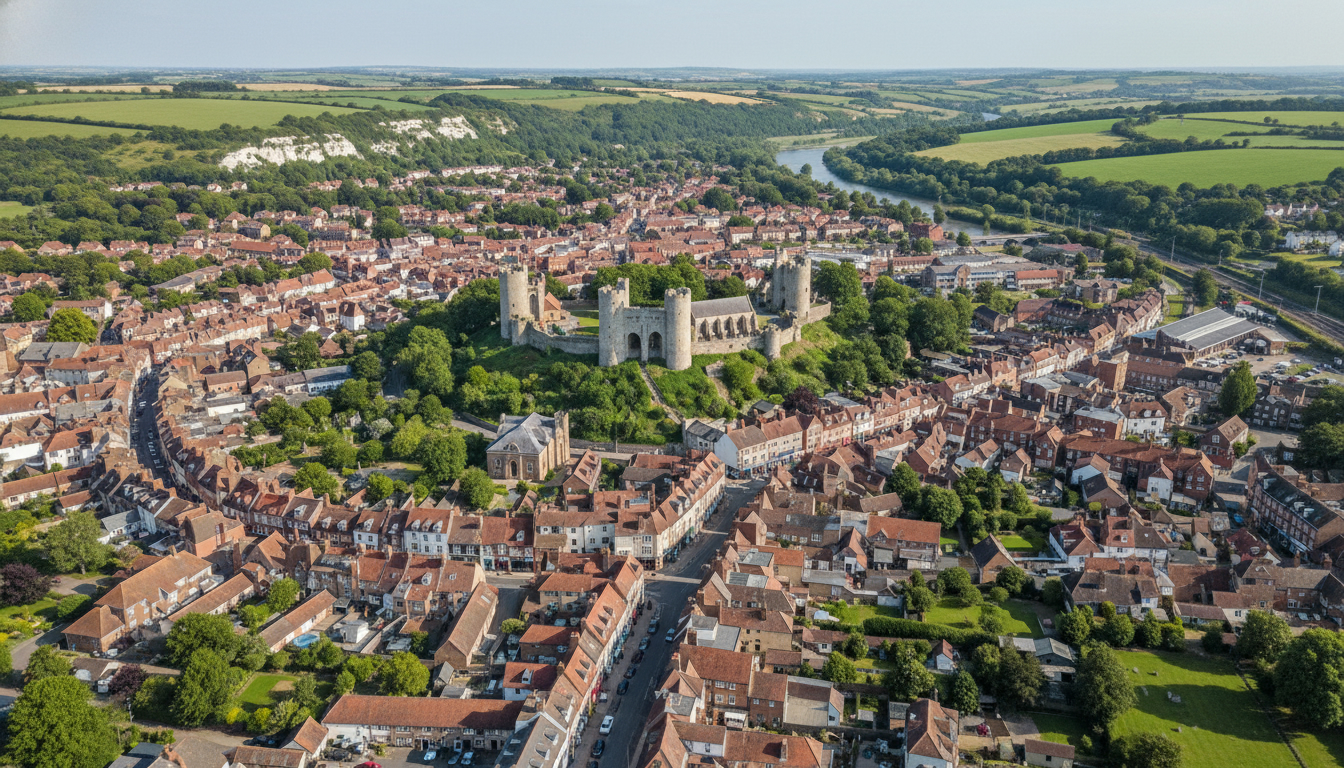 Lewes, UK - aerial view showing the town center and local architecture