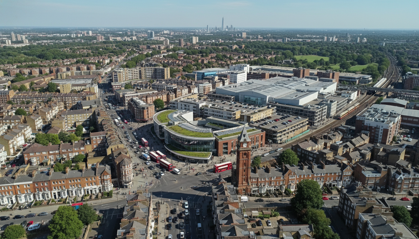 Lewisham, UK - aerial view showing the town center and local architecture