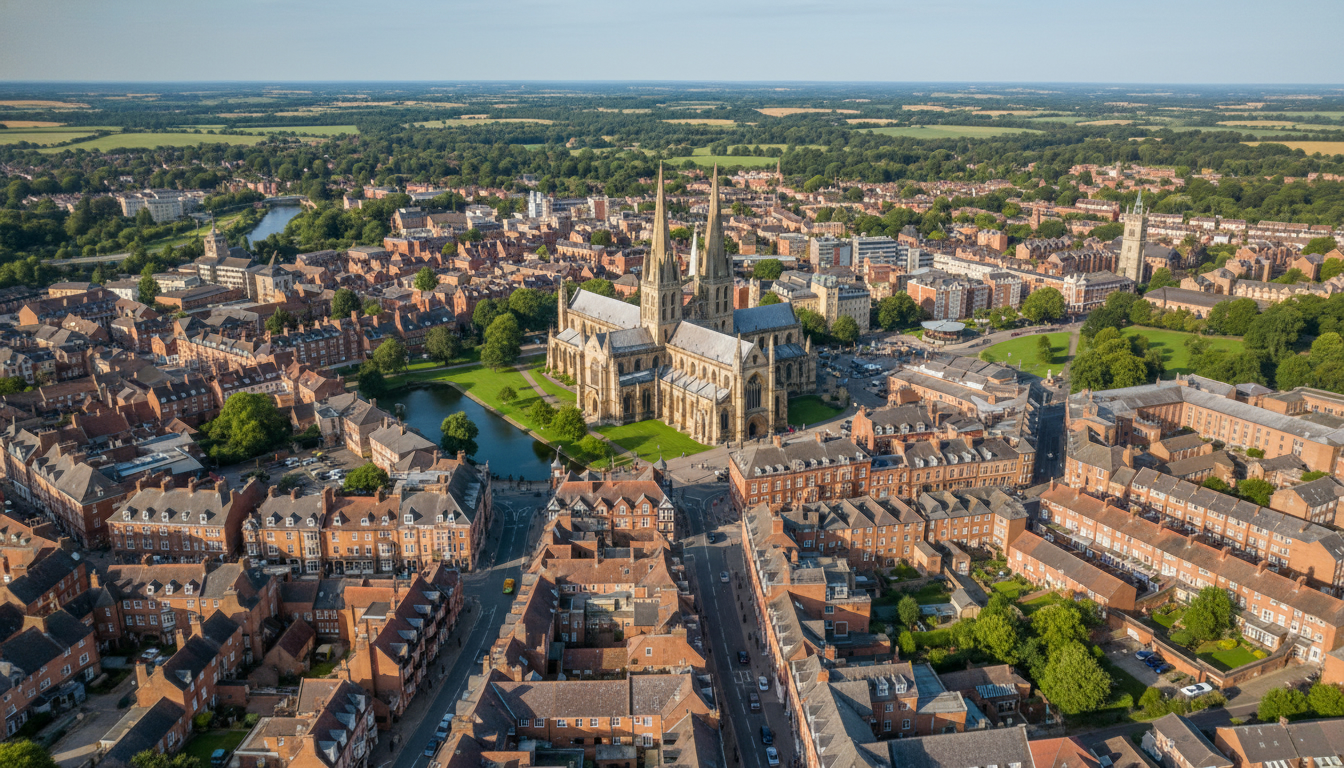 Lichfield, UK - aerial view showing the town center and local architecture