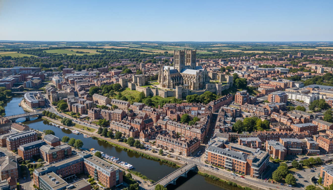 Lincoln, UK - aerial view showing the town center and local architecture