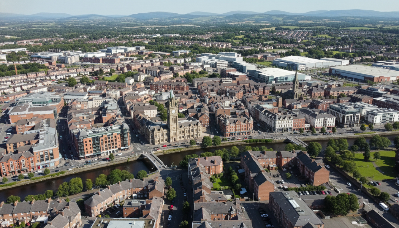 Lisburn, UK - aerial view showing the town center and local architecture