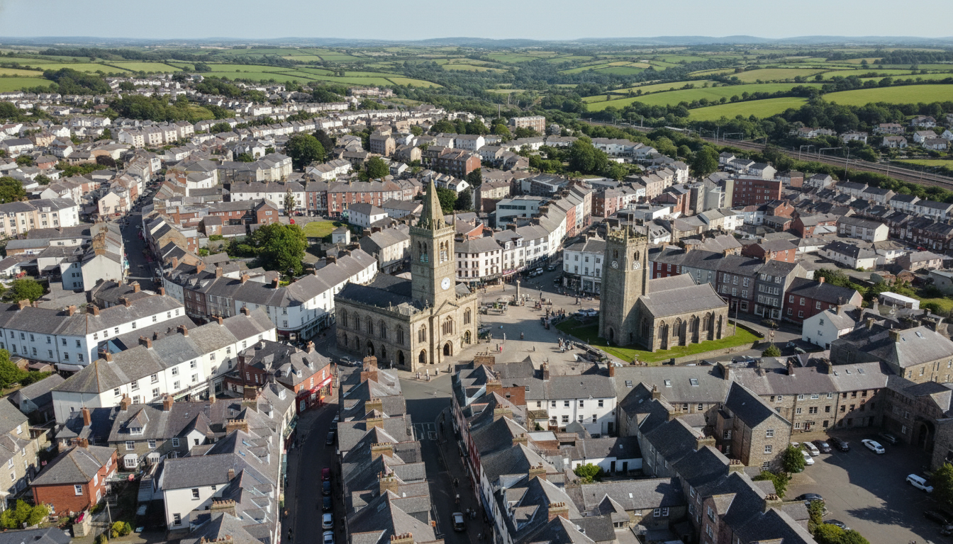 Liskeard, UK - aerial view showing the town center and local architecture
