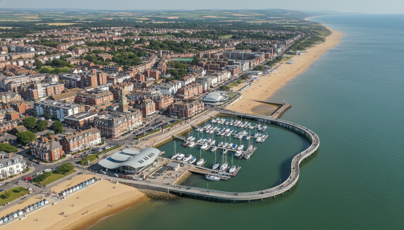Littlehampton, UK - aerial view showing the town center and local architecture