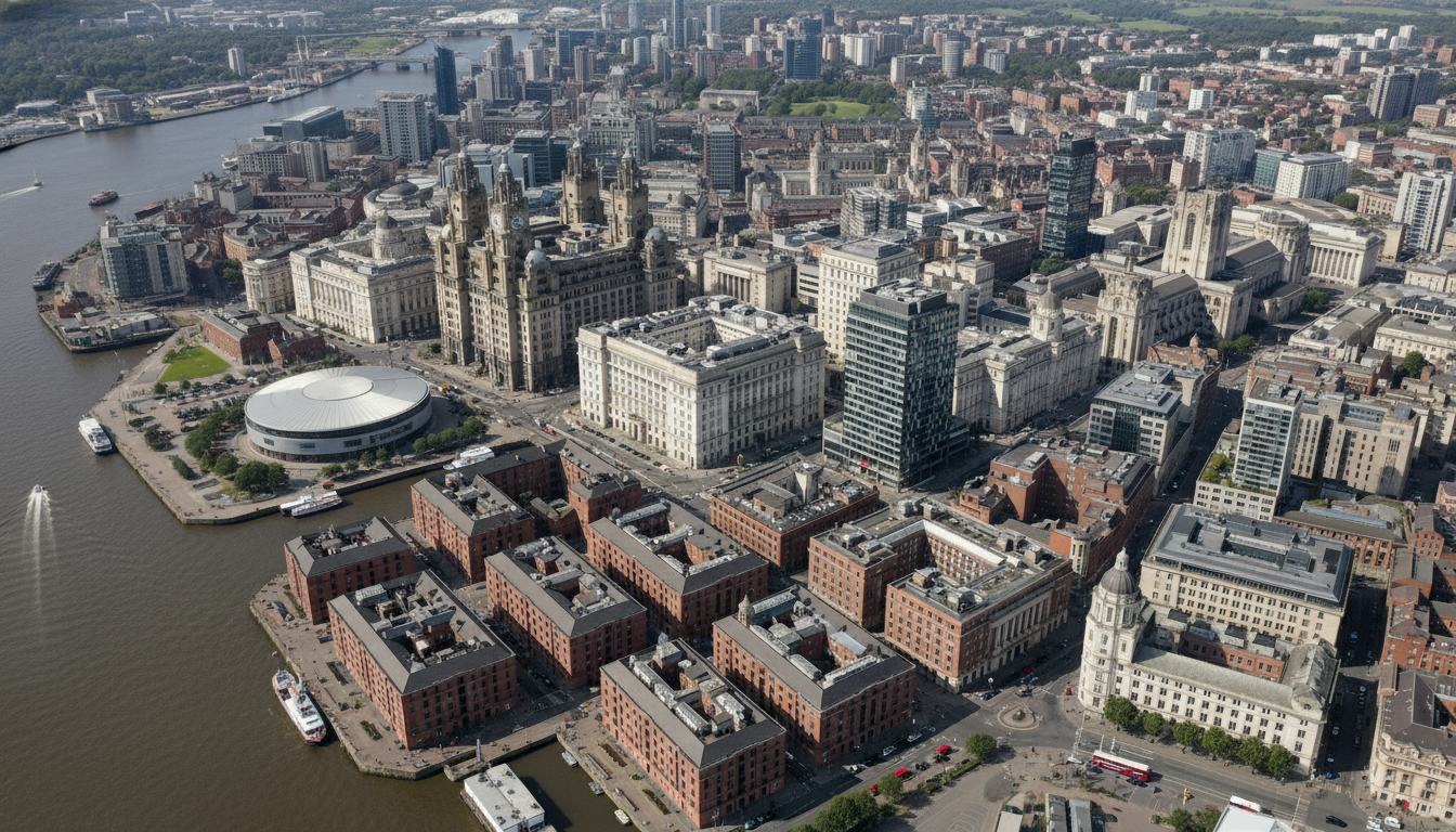 Liverpool, UK - aerial view showing the town center and local architecture