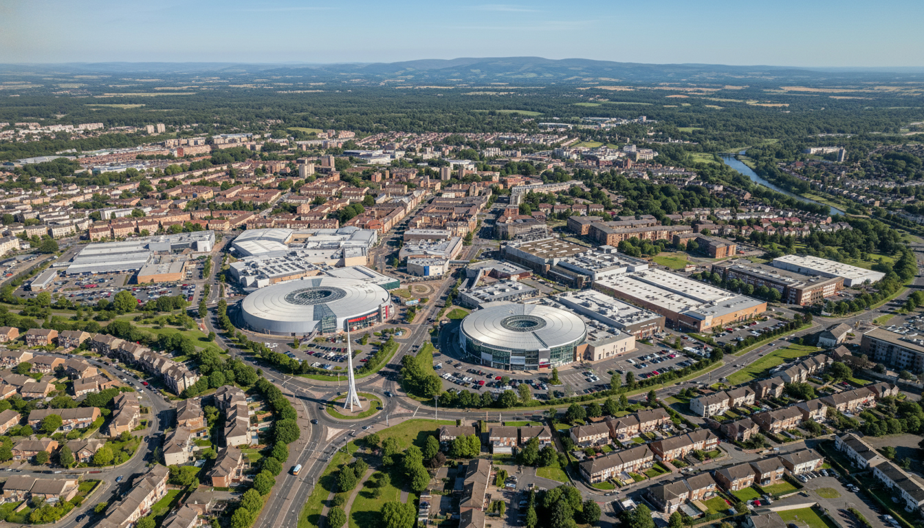 Livingston, UK - aerial view showing the town center and local architecture