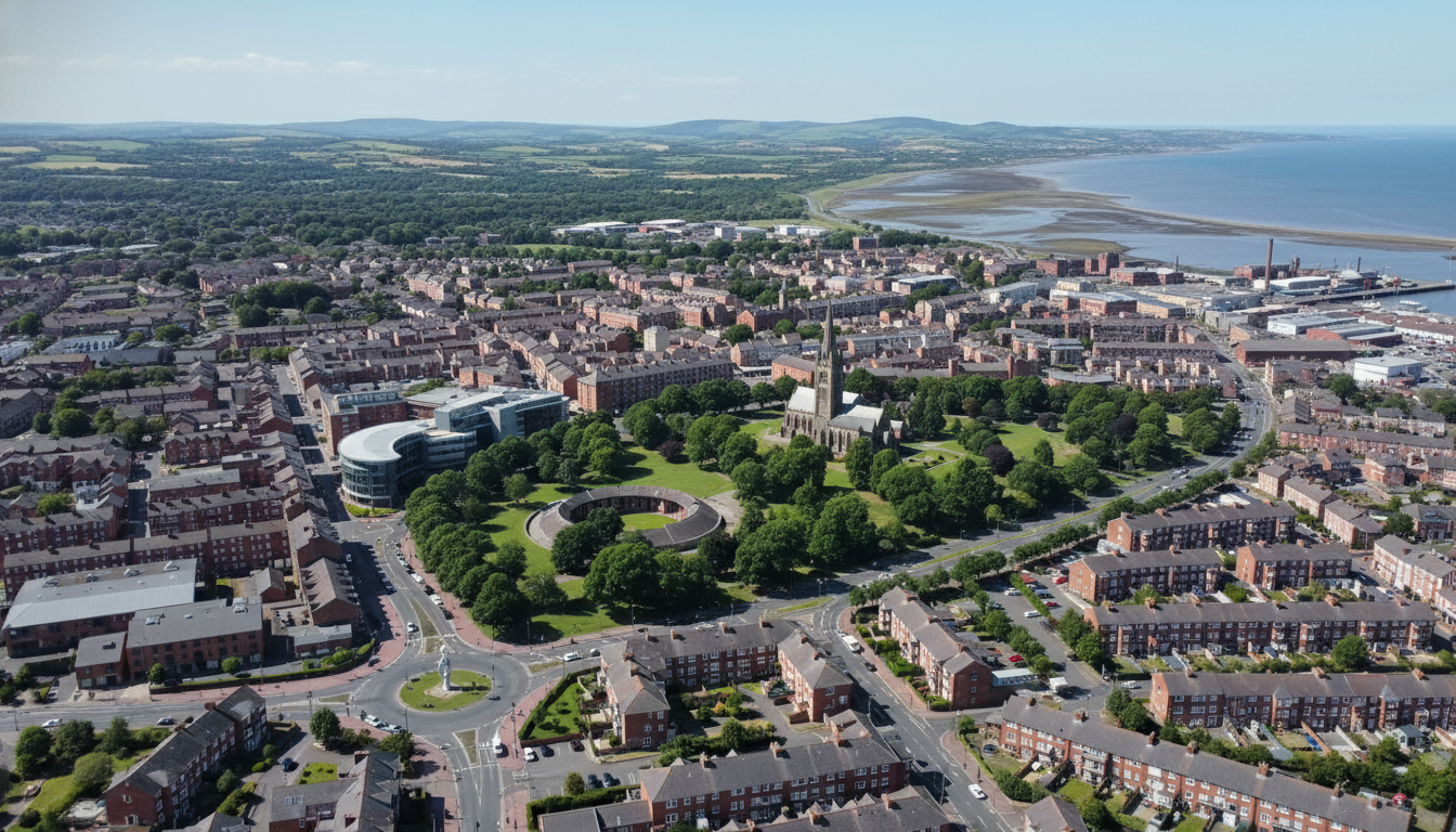 Llanelli, UK - aerial view showing the town center and local architecture