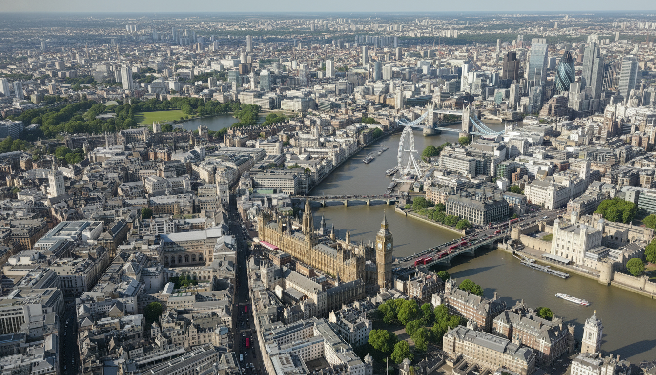 London, UK - aerial view showing the town center and local architecture
