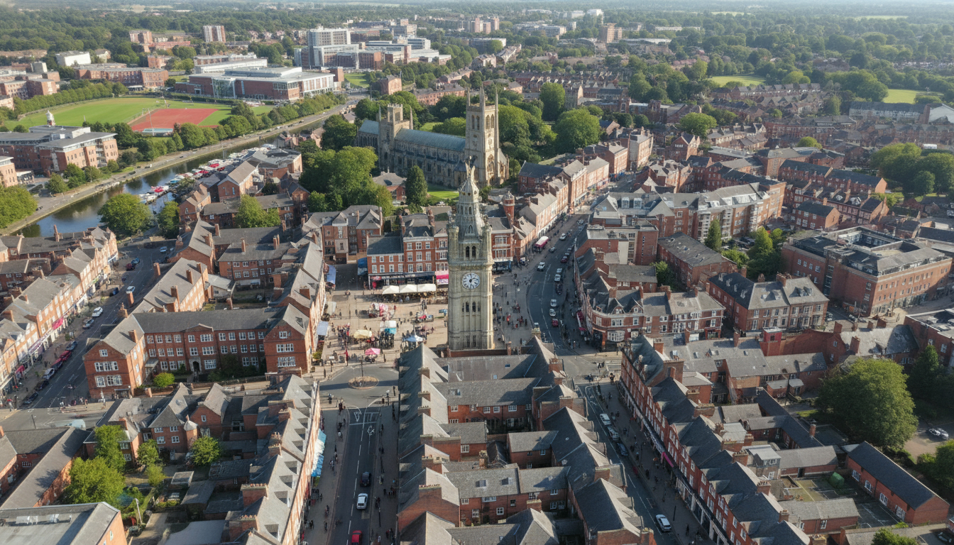 Loughborough, UK - aerial view showing the town center and local architecture