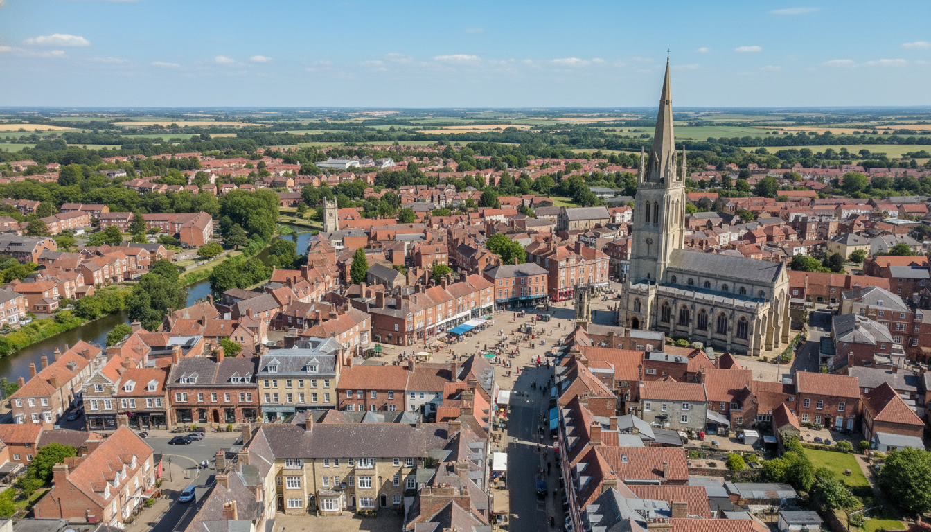 Louth, UK - aerial view showing the town center and local architecture