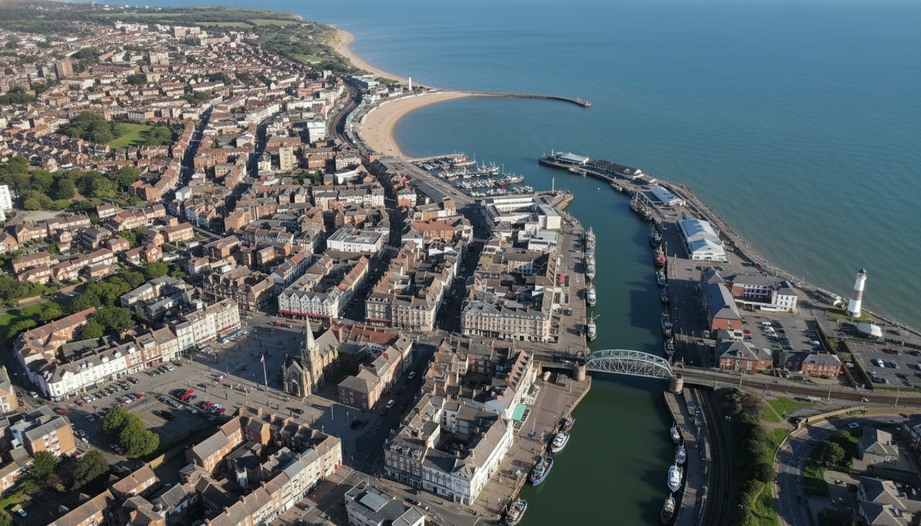 Lowestoft, UK - aerial view showing the town center and local architecture