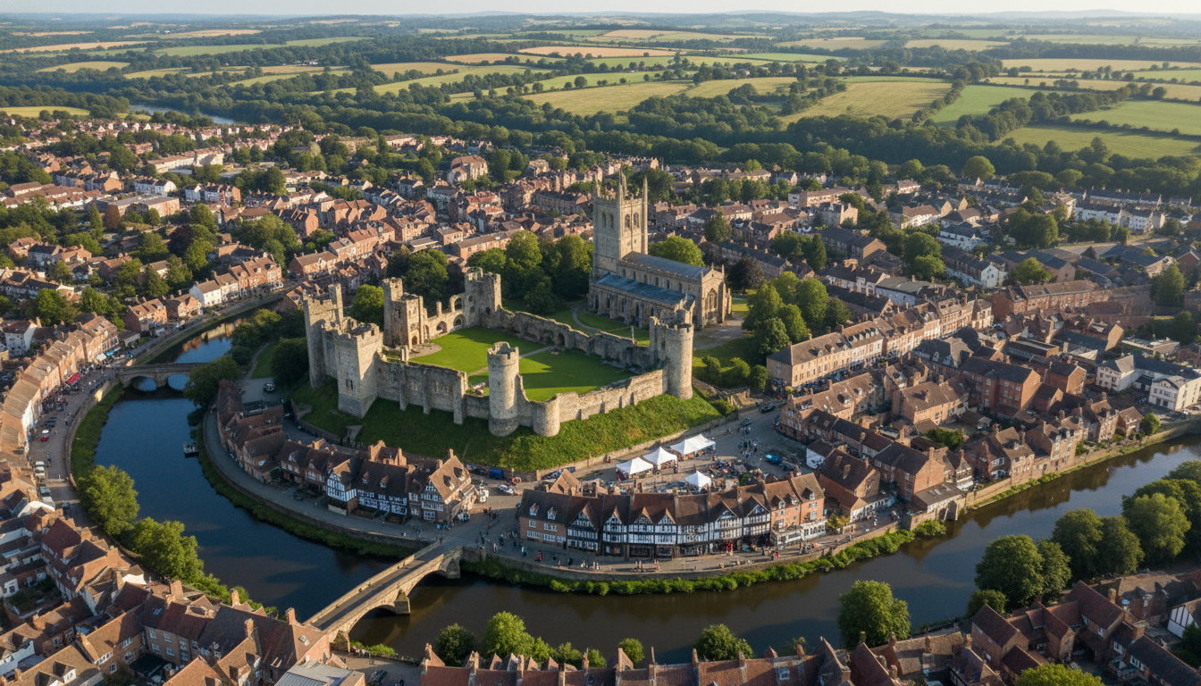 Ludlow, UK - aerial view showing the town center and local architecture
