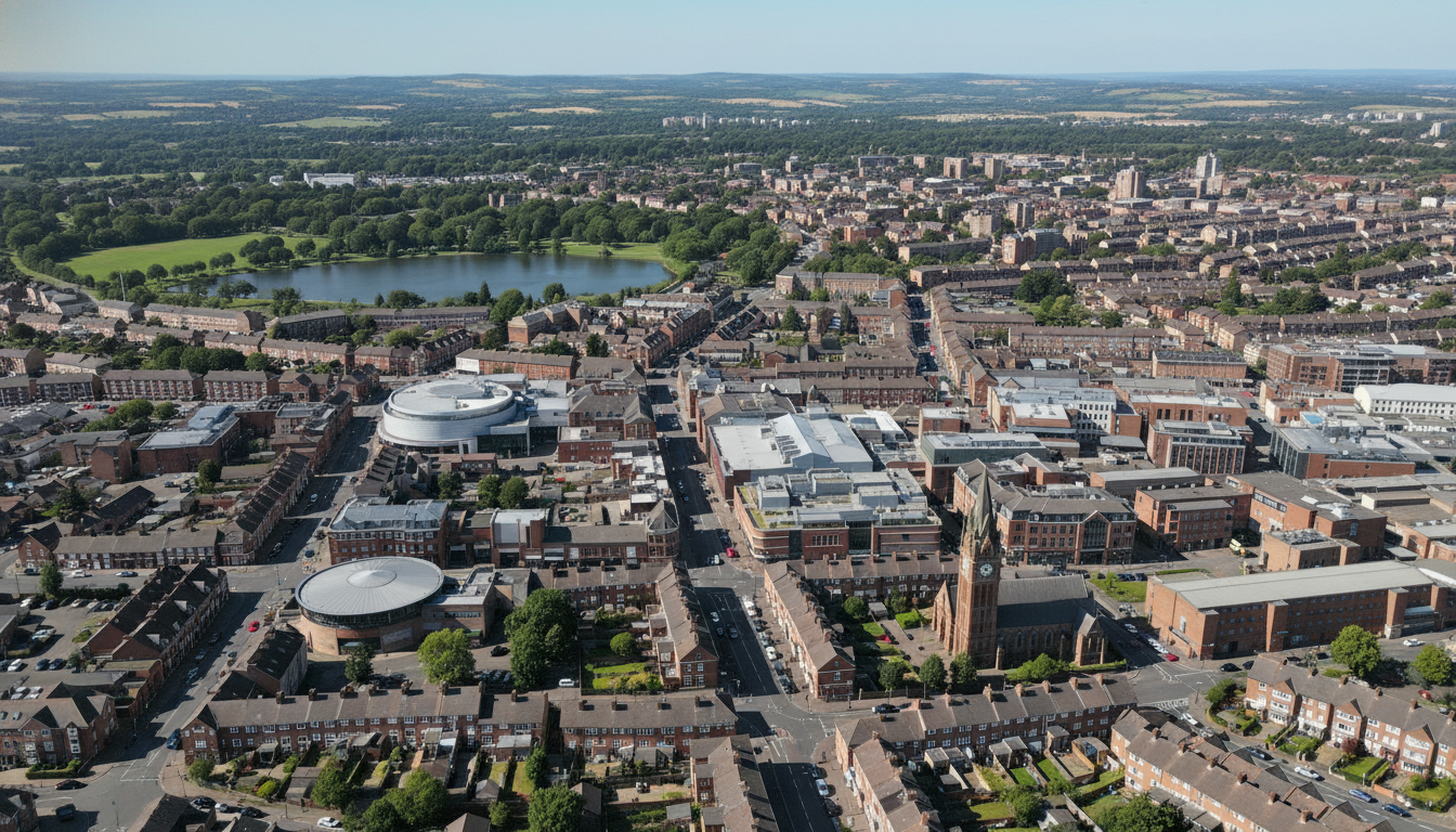 Luton, UK - aerial view showing the town center and local architecture