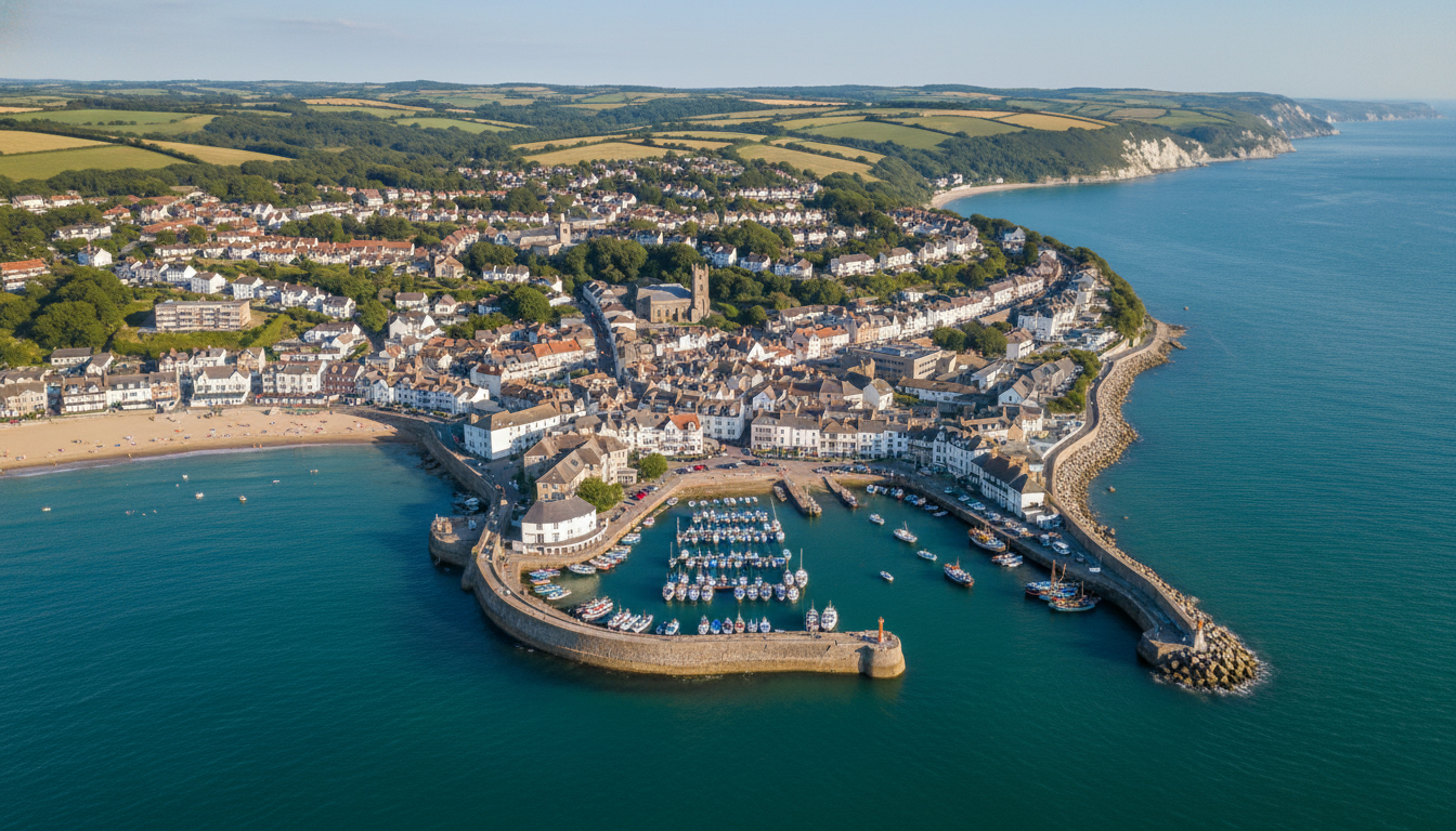 Lyme Regis, UK - aerial view showing the town center and local architecture
