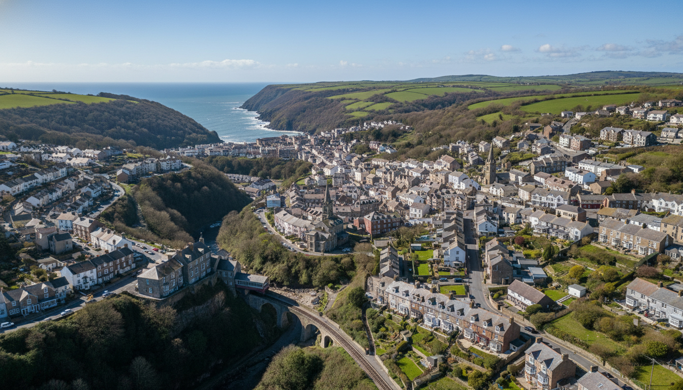 Lynton, UK - aerial view showing the town center and local architecture