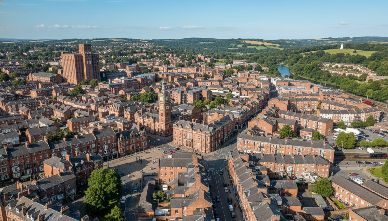 Macclesfield, UK - aerial view showing the town center and local architecture